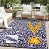 imageOLANLY Outdoor Rug Waterproof 5x8 ft Clearance Reversible Outdoor Plastic Straw Rug with Floral Pattern RV Mat for Patio Camping Balcony Deck Backyard Black ampamp WhiteNavy Blue  White