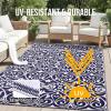 imageOLANLY Outdoor Rug Waterproof 5x8 ft Clearance Reversible Outdoor Plastic Straw Rug with Floral Pattern RV Mat for Patio Camping Balcony Deck Backyard Black ampamp WhiteNavy Blue  White