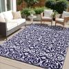 imageOLANLY Outdoor Rug Waterproof 5x8 ft Clearance Reversible Outdoor Plastic Straw Rug with Floral Pattern RV Mat for Patio Camping Balcony Deck Backyard Black ampamp WhiteNavy Blue  White