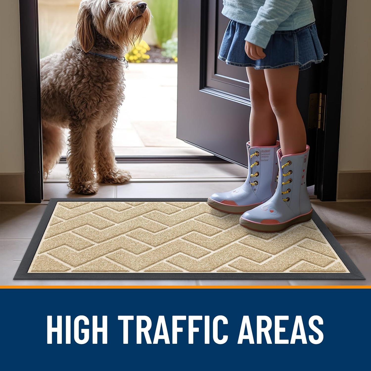imageOLANLY Front Door Mat Indoor Outdoor Entrance Waterproof AllSeason AllWeather Welcome Doormat Sturdy Natural Rubber Low Profile Easy Clean Patio Porch Entryway Outside Floor Mat 295x17 BlackBeige