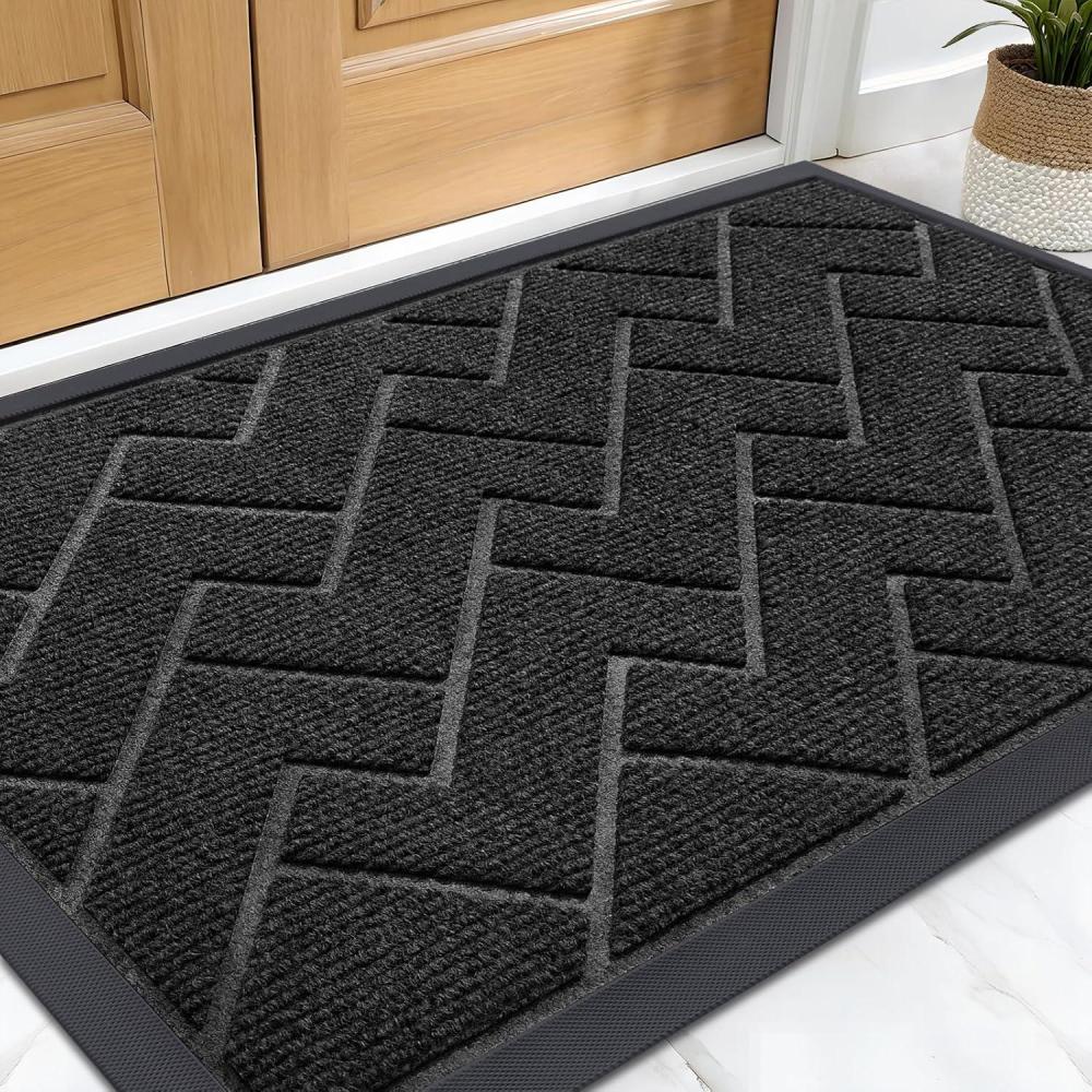 imageOLANLY Front Door Mat Indoor Outdoor Entrance Waterproof AllSeason AllWeather Welcome Doormat Sturdy Natural Rubber Low Profile Easy Clean Patio Porch Entryway Outside Floor Mat 295x17 BlackJet Black