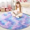 imageOLANLY Rainbow Round Rugs for Bedroom  Machine Washable 4x4 Feet Circle Area Rugs for Living Room Soft and Fluffy Shaggy Carpet for Teen Girls and Boys Nursery Rooms Dorms Home Decor AestheticPurple Rainbow