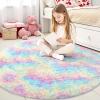 imageOLANLY Rainbow Round Rugs for Bedroom  Machine Washable 4x4 Feet Circle Area Rugs for Living Room Soft and Fluffy Shaggy Carpet for Teen Girls and Boys Nursery Rooms Dorms Home Decor AestheticRainbow
