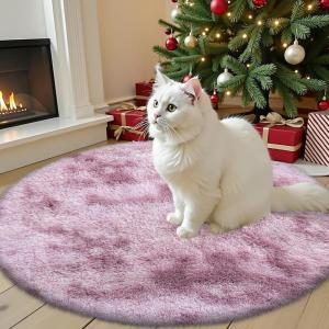 imageOLANLY Rainbow Round Rugs for Bedroom  Machine Washable 4x4 Feet Circle Area Rugs for Living Room Soft and Fluffy Shaggy Carpet for Teen Girls and Boys Nursery Rooms Dorms Home Decor AestheticDusty Pink Tiedye