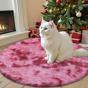 imageOLANLY Rainbow Round Rugs for Bedroom  Machine Washable 4x4 Feet Circle Area Rugs for Living Room Soft and Fluffy Shaggy Carpet for Teen Girls and Boys Nursery Rooms Dorms Home Decor AestheticPink Tiedye