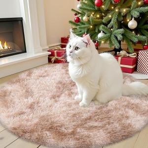 imageOLANLY Rainbow Round Rugs for Bedroom  Machine Washable 4x4 Feet Circle Area Rugs for Living Room Soft and Fluffy Shaggy Carpet for Teen Girls and Boys Nursery Rooms Dorms Home Decor AestheticBeige Tiedye
