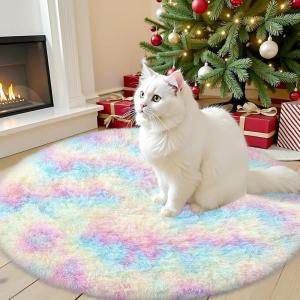 imageOLANLY Rainbow Round Rugs for Bedroom  Machine Washable 4x4 Feet Circle Area Rugs for Living Room Soft and Fluffy Shaggy Carpet for Teen Girls and Boys Nursery Rooms Dorms Home Decor AestheticRainbow