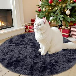 imageOLANLY Rainbow Round Rugs for Bedroom  Machine Washable 4x4 Feet Circle Area Rugs for Living Room Soft and Fluffy Shaggy Carpet for Teen Girls and Boys Nursery Rooms Dorms Home Decor AestheticDeep Grey Tiedye