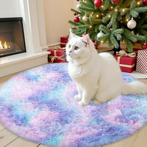 imageOLANLY Rainbow Round Rugs for Bedroom  Machine Washable 4x4 Feet Circle Area Rugs for Living Room Soft and Fluffy Shaggy Carpet for Teen Girls and Boys Nursery Rooms Dorms Home Decor AestheticPurple Rainbow