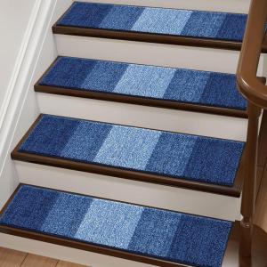 imageOLANLY Stair Treads Non Slip 15PCS 8quot x 30quot Indoor Stair Runners for Wooden Steps Edging Stair Rugs with Reusable Peel and Stick Adhesive for Kids Elders and Pets BlackNavy