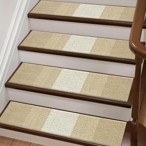 imageOLANLY Stair Treads Non Slip 15PCS 8quot x 30quot Indoor Stair Runners for Wooden Steps Edging Stair Rugs with Reusable Peel and Stick Adhesive for Kids Elders and Pets BlackBeige