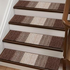 imageOLANLY Stair Treads Non Slip 15PCS 8quot x 30quot Indoor Stair Runners for Wooden Steps Edging Stair Rugs with Reusable Peel and Stick Adhesive for Kids Elders and Pets BlackBrown