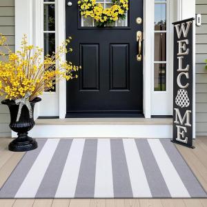 imageOLANLY Black and White Striped Rug 24quot x 37quot 275quot x 43quot  Washable Cotton Indoor Outdoor Doormat for Front Door Entryway Kitchen Porch Patio DecorGrey and White Striped