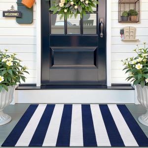 imageOLANLY Black and White Striped Rug 24quot x 37quot 275quot x 43quot  Washable Cotton Indoor Outdoor Doormat for Front Door Entryway Kitchen Porch Patio DecorNavy and White Striped