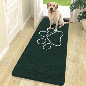 imageOLANLY Dog Door Mat for Muddy Paws 70x24 Paw Print Design Absorbs Moisture and Dirt Absorbent NonSlip Washable Doormat Quick Dry Chenille Mud Mat Entry Indoor Entryway Carpet Blackish Green