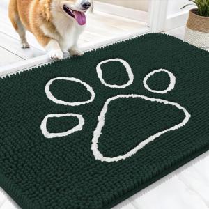 imageOLANLY Dog Door Mat for Muddy Paws 70x46 Paw Print Design Absorbs Moisture and Dirt Absorbent NonSlip Washable Doormat Quick Dry Chenille Mud Mat Entry Indoor Entryway Carpet Blackish Green