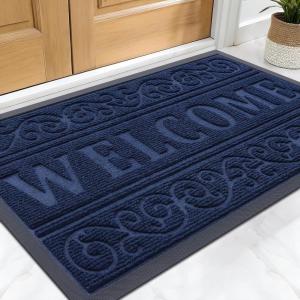 imageOLANLY Welcome Door Mat Indoor Outdoor Entrance Heavy Duty Sturdy Front Door Mat Waterproof AllWeather Doormat Stain Resistant Low Profile Easy Clean Patio Entryway Mat 295 x 17 Navy