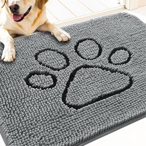 imageOLANLY Dog Door Mat for Muddy Paws 32x20 Paw Print Design Absorbs Moisture and Dirt Absorbent NonSlip Washable Doormat Quick Dry Chenille Mud Mat for Dogs Entry Indoor Entryway Carpet Grey