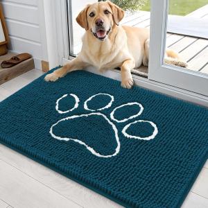 imageOLANLY Dog Door Mat for Muddy Paws 35x24 Paw Print Design Absorbs Moisture and Dirt Absorbent NonSlip Washable Doormat Quick Dry Chenille Mud Mat Entry Indoor Entryway Carpet Atlantic Blue