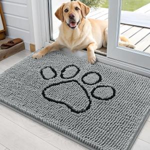 imageOLANLY Dog Door Mat for Muddy Paws 35x24 Paw Print Design Absorbs Moisture and Dirt Absorbent NonSlip Washable Doormat Quick Dry Chenille Mud Mat for Dogs Entry Indoor Entryway Carpet Grey