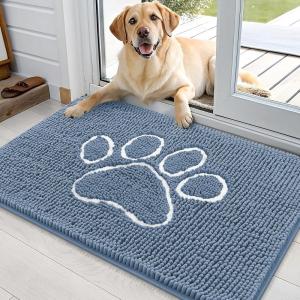 imageOLANLY Dog Door Mat for Muddy Paws 35x24 Paw Print Design Absorbs Moisture and Dirt NonSlip Washable Doormat Quick Dry Chenille Mud Mat Entry Indoor Entryway Carpet Airy Blue and White