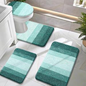 image:imageOLANLY Bathroom Rugs Sets 4 Piece Soft Microfiber Absorbent Bath Mat UShaped Contour Toilet Mat and Toilet Lid Cover Quick Dry Machine Washable Toilet Cover and Rug Set for Bathroom GreyBlackish Green
