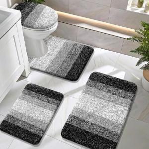 image:imageOLANLY Bathroom Rugs Sets 4 Piece Soft Microfiber Absorbent Bath Mat UShaped Contour Toilet Mat and Toilet Lid Cover Quick Dry Machine Washable Toilet Cover and Rug Set for Bathroom GreyBlack