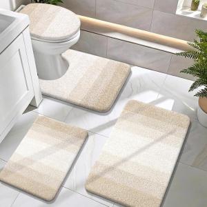 image:imageOLANLY Bathroom Rugs Sets 4 Piece Soft Microfiber Absorbent Bath Mat UShaped Contour Toilet Mat and Toilet Lid Cover Quick Dry Machine Washable Toilet Cover and Rug Set for Bathroom GreyLight Beige