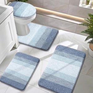 image:imageOLANLY Bathroom Rugs Sets 4 Piece Soft Microfiber Absorbent Bath Mat UShaped Contour Toilet Mat and Toilet Lid Cover Quick Dry Machine Washable Toilet Cover and Rug Set for Bathroom GreyBlue