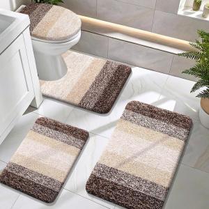 image:imageOLANLY Bathroom Rugs Sets 4 Piece Soft Microfiber Absorbent Bath Mat UShaped Contour Toilet Mat and Toilet Lid Cover Quick Dry Machine Washable Toilet Cover and Rug Set for Bathroom GreyBrown